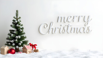 Christmas holiday white background photography with white Letters Merry Christmas on white background with small snow Christmas tree, small houses, gifts and balls