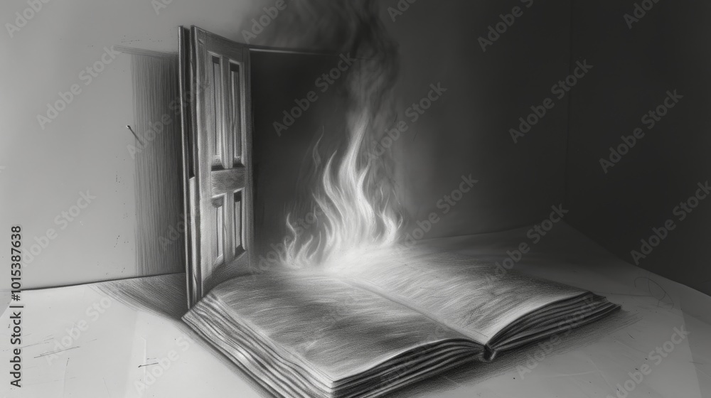 Poster a monochrome image of an open book with flames erupting from its pages, symbolizing knowledge, trans