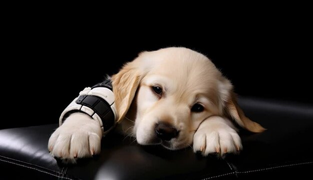 small sick puppy with a bandaged paw