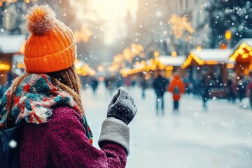 Woman enjoying snowy winter market with festive lights and warm clothing