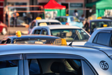 taxi cab parking in urban city town area, transportation services in african city