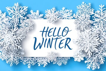 Hello winter: festive snowflake frame on vibrant blue background