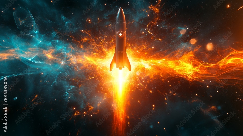 Poster a rocket ascends into the depths of space, trailing bright flames and surrounded by a spectacular di