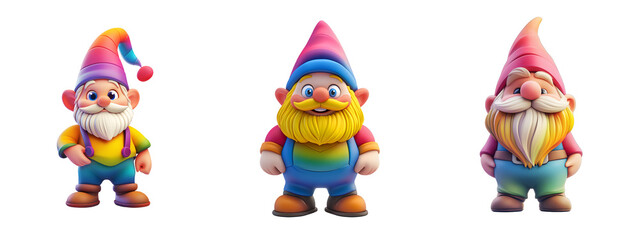 Obraz premium Three Rainbow Garden Gnomes. Illustration.on transparent, white background, isolate PNG