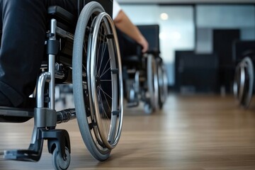 Fototapeta premium Empowerment and accessibility: wheelchair perspective in modern office