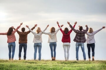 Obraz premium Group of friends celebrating freedom outdoors with raised arms on a grassy hill
