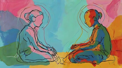 two seated figures, drawn with simple linear strokes on a colorful background, contemporary art, line drawing, abstract figures, expressionist art, vibrant colors, artistic sketch, modern art