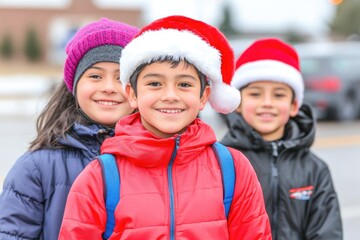 Happy children in winter coats and santa hats outdoors during festive season celebration