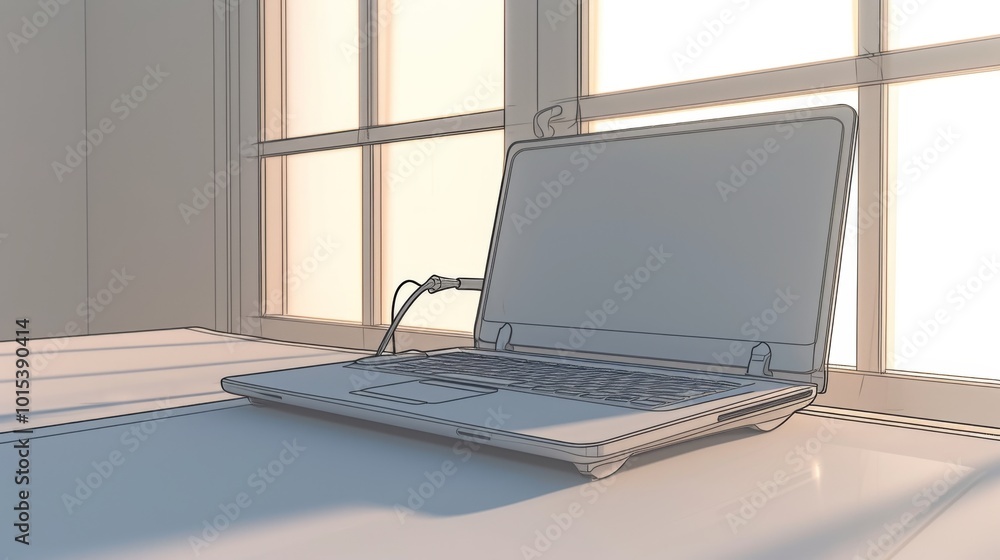 Poster a detailed 3d illustration of an open laptop resting on a desk by a window. the lighting creates sof