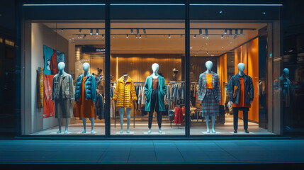 A store window showcasing mannequins dressed in stylish outfits.