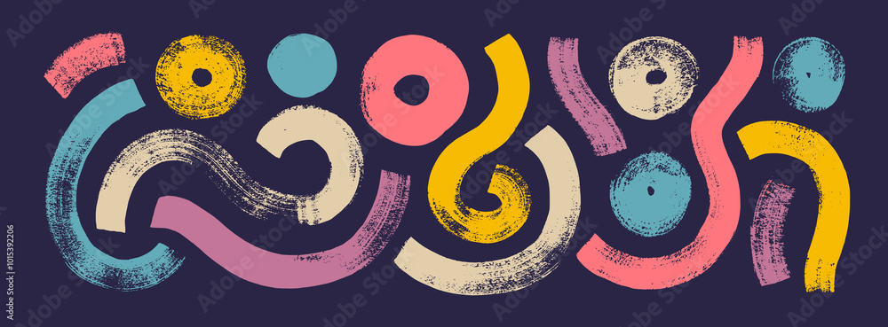 Poster hand drawn bold curved brush strokes, circles and waves collection. vector naive geometric shapes wi