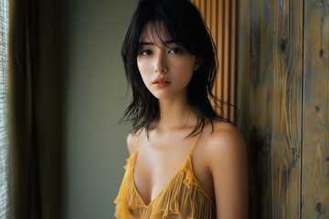 Fototapeta premium 上品レースの黄色ワンピース 爽やか
