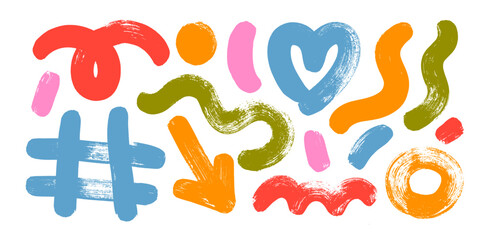 Thick brush drawn colorful squiggles, heart, arrow and grid. Bold geometric shapes in grunge doodle and punk style.