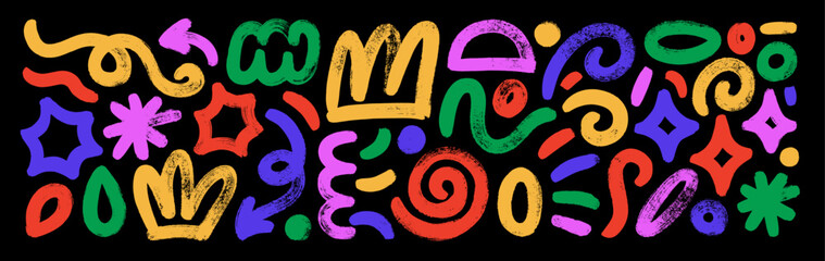 Bold brush drawn spirals and squiggles collection with funky geometric elements. Primitive geometric forms and figures with dry rough texture. Punk or grunge style various colorful vector icons. © Anastasiia Hevko