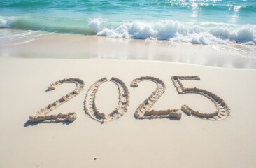 2025 written in the sand on a tropical beach