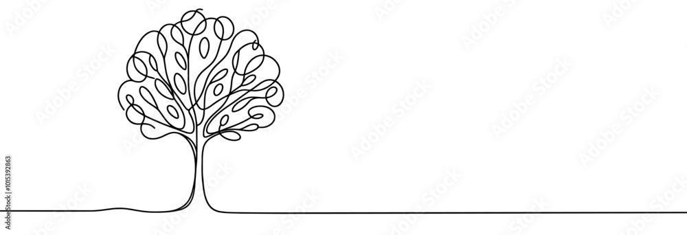 Poster continuous line drawing of tree. one line drawing background. vector illustration. single line tree 