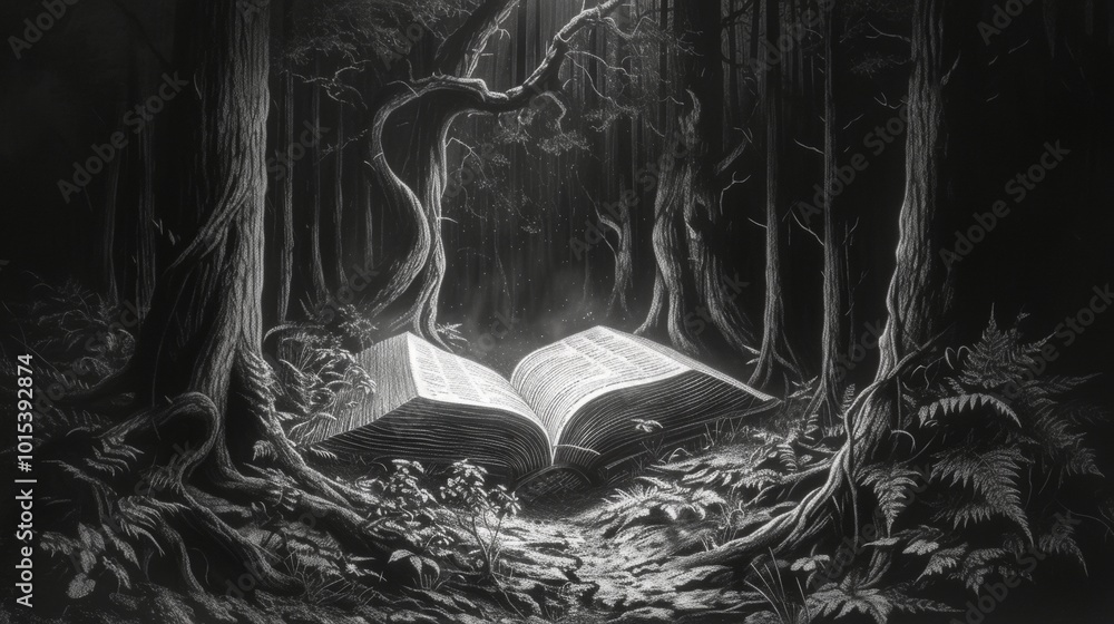 Poster a large open book rests on a forest floor, bathed in a mysterious light. surrounded by dark towering