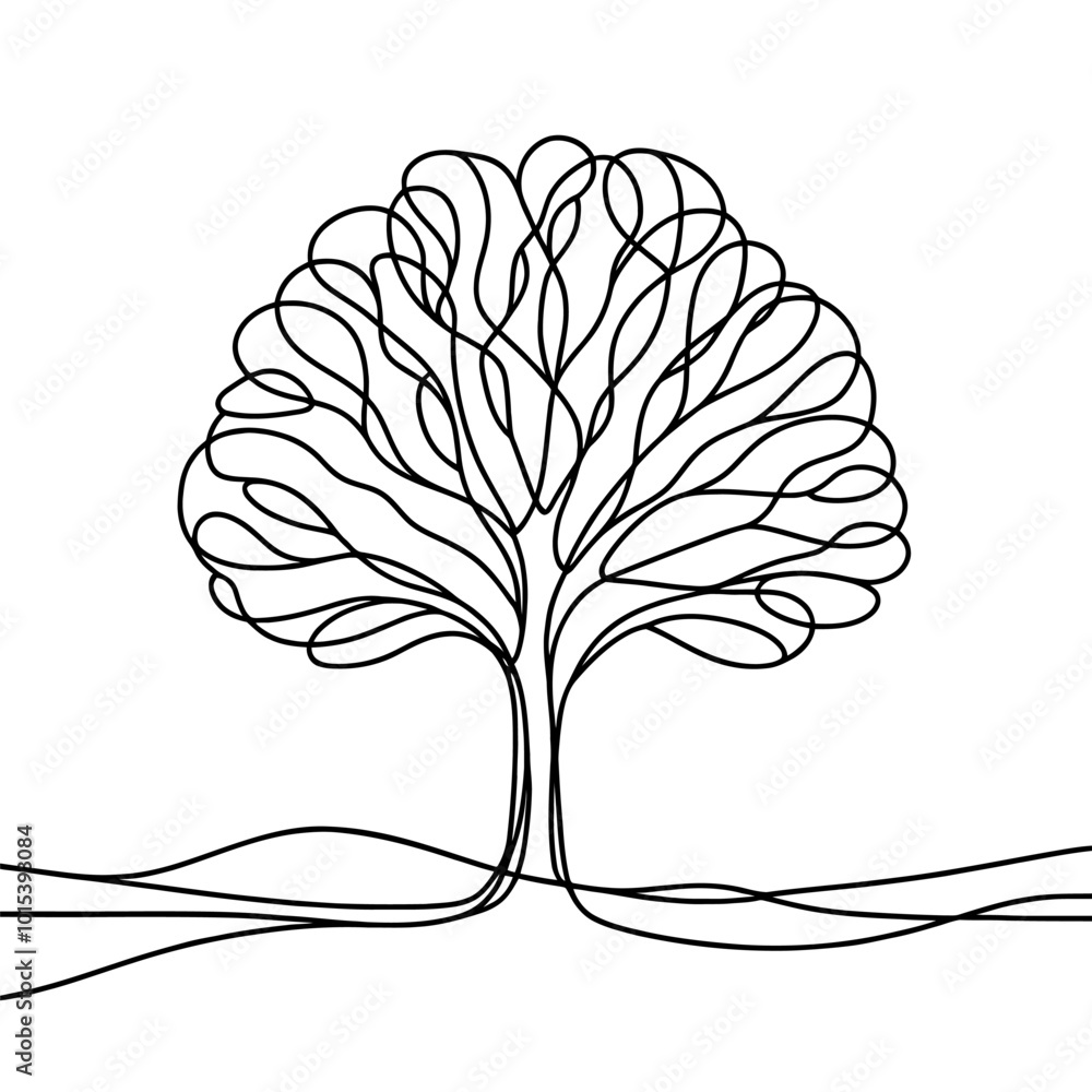 Poster continuous line drawing of tree. one line drawing background. vector illustration. single line tree 
