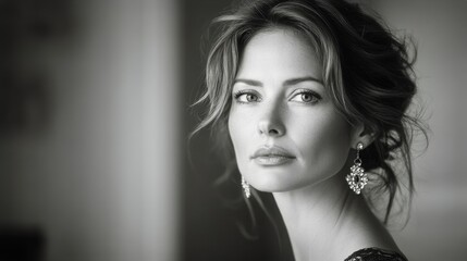 A beautifully captured monochrome portrait of a contemplative woman, adorned with intricate earrings. The image exudes elegance, introspection, and timeless grace.
