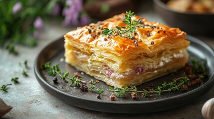 A tantalizing slice of golden baked pastry topped with fresh herbs, highlighting savory layers and a perfect culinary creation appealing to gourmet tastes.