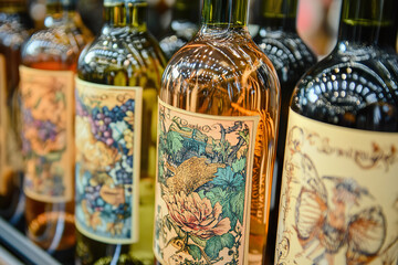 Detailed view of beautifully designed wine labels highlight artistic branding elements