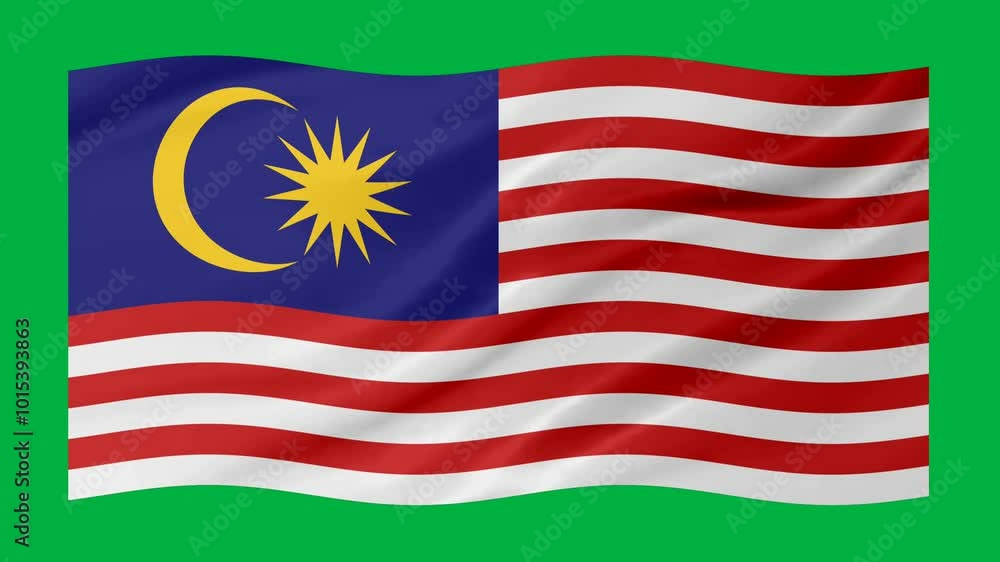 Poster malaysia waving flag loop animation with glowing 3d shade isolated on green background