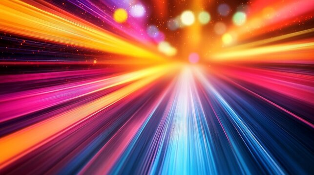 An electrifying composition of multicolored light streaks creating a dynamic burst of energy and motion, evoking feelings of excitement and velocity in a visual spectacle.