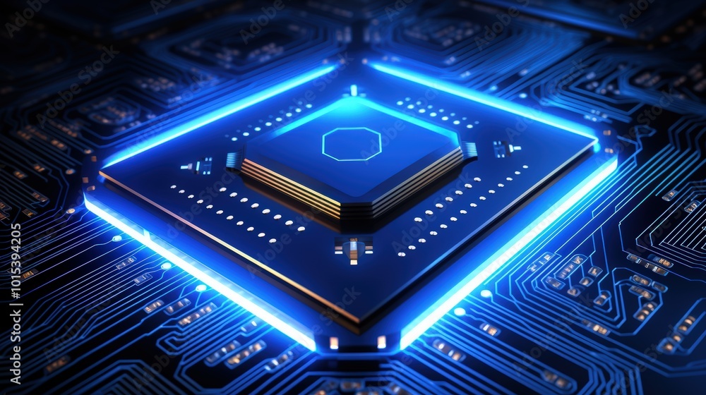 Poster a powerful computer processor or chip on a motherboard modern technologies blue background