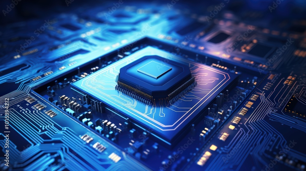 Poster a powerful computer processor or chip on a motherboard modern technologies blue background