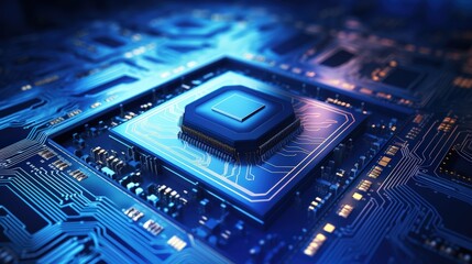 A powerful computer processor or chip on a motherboard modern technologies blue background