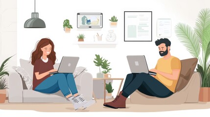 Remote workplace scene with freelance man and woman working from home on laptops while sitting on the floor. Work from home concept.