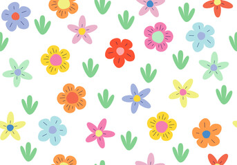 Seamless cute pattern with flowers. Colorful bright texture background. Vector illustration