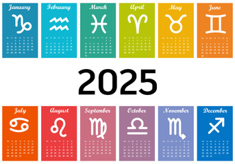 Zodiac calendar 2025. Calendar 2025 on white background. Colorful calendar 2025 year. Simple vector template