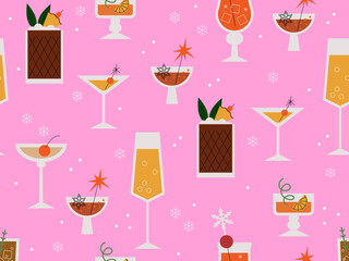 Seamless pattern with cocktails. Holiday party design. Winter holiday drinks. Christmas-themed cocktails