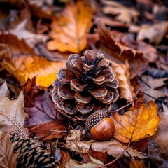 Pine cone and acorn surrounded by autumn leaves on forest floor
