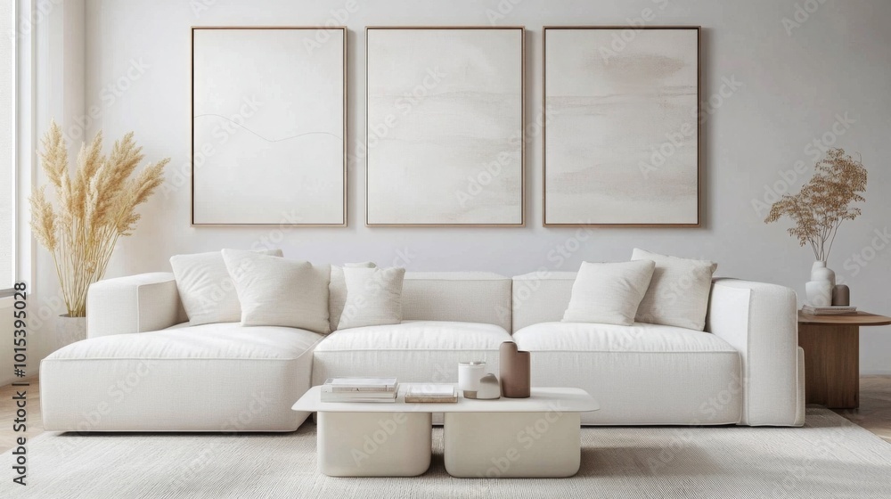 Poster A white sectional sofa with plush cushions is centered in the room. There is a white coffee table in front of the sofa, with a stack of books and a few decorative items