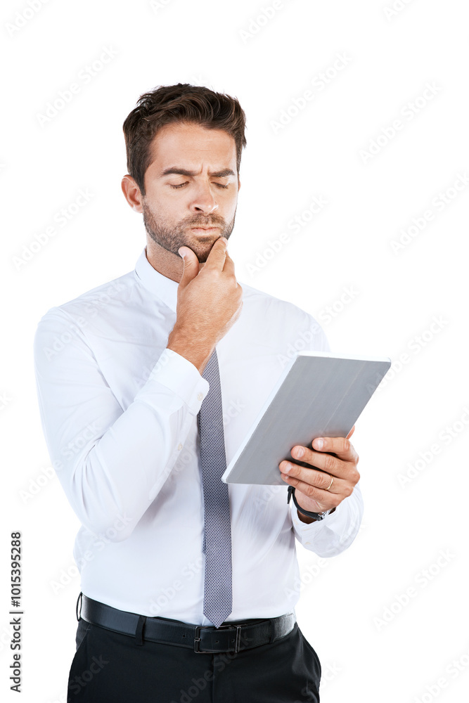 Poster Tablet, thinking and business man in studio for ideas, problem solving and solution on white background. Corporate, professional and person on digital tech for networking, website review and research
