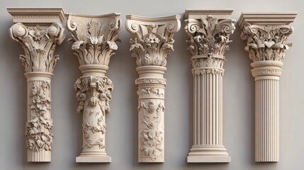 Obraz premium Set of ancient Greek and Roman column capitals with realistic designs.