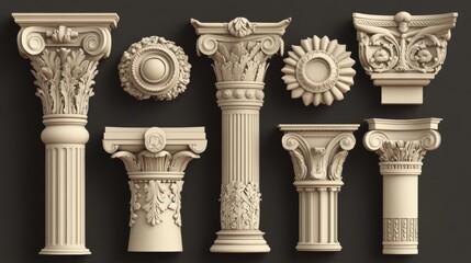Naklejka premium Set of ancient Greek and Roman column capitals with realistic designs.