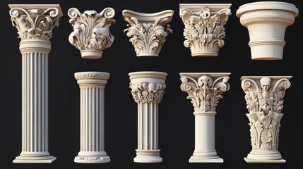 Fototapeta premium Set of ancient Greek and Roman column capitals with realistic designs.