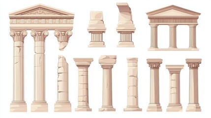 Fototapeta premium Set of ancient Greek temple with columns. Vector illustration isolated on white background.