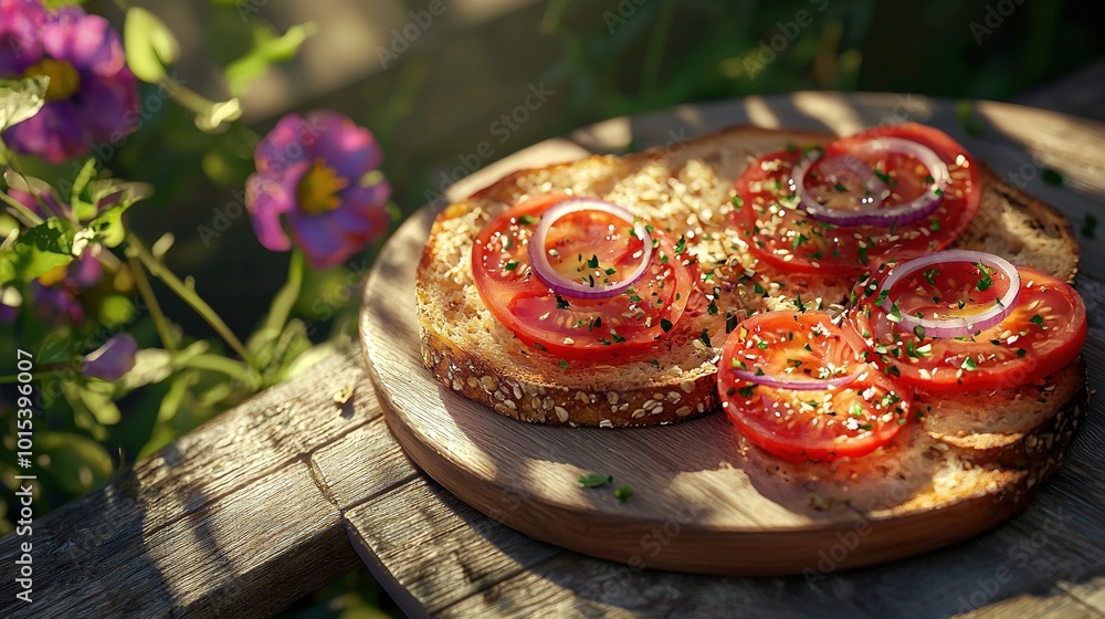 Wall mural   A close-up of a sandwich with tomatoes and onions on a wooden board on a table with flowers in the background