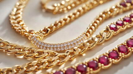 Obraz premium Shiny gold chains and necklaces, sparkling with rubies and diamonds. These elegant pieces of jewelry are stylish, luxurious, and perfect for adding a touch of glamour to any outfit.