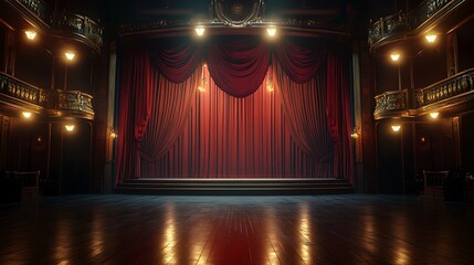 Theater stage with open curtains in spotlight and dramatic lighting image
