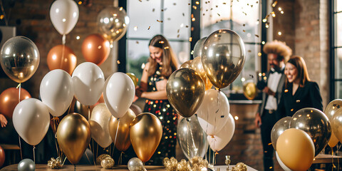 Young people with balloons having fun. Happy people in holding bunch of balloons over dark background. Holiday, corporate, party, birthday. Happiness entertainment.