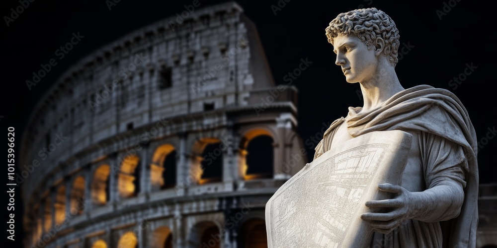 Poster A stunning marble statue with a serene expression stands in front of the grand Colosseum. The contrast between the ancient figure and the historic structure creates a powerful image. AI