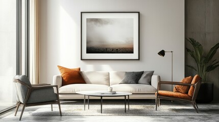 Showcase your artwork, photography, or design on this versatile frame mockup. With its realistic ISO A paper size and living room setting, you can easily create stunning presentations.