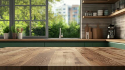 Sleek contemporary kitchen featuring a modern green color scheme and a wooden tabletop on a blurred background.