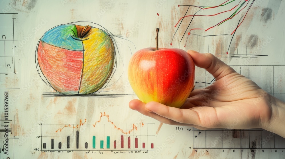 Aufkleber a hand holds a red apple in front of colorful data visualizations, blending concepts of health and b
