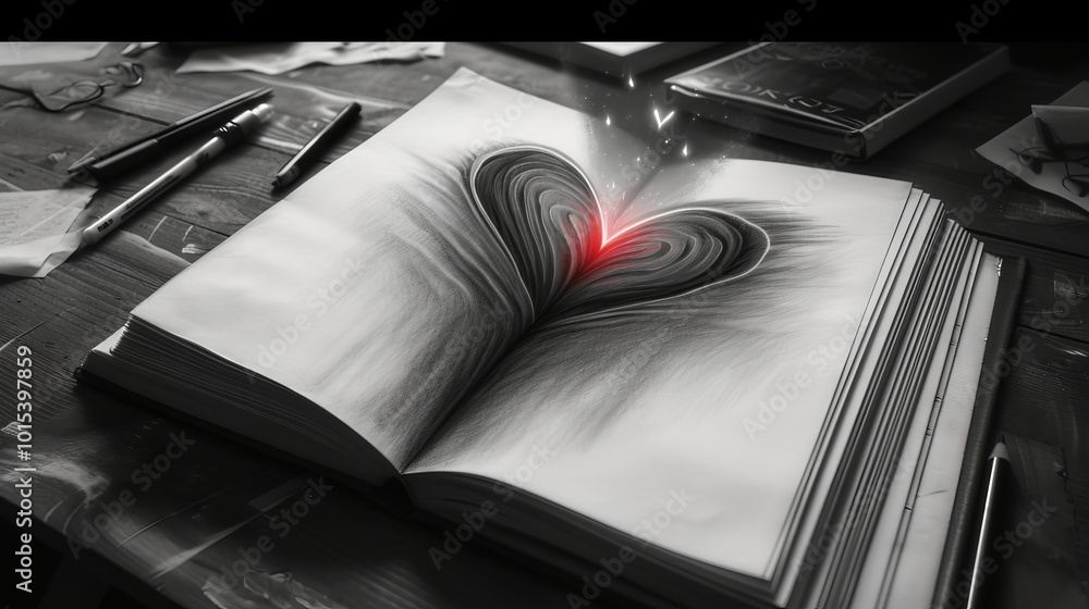 Poster a glowing red heart appears in the center of an open book, with light sparkles adding a magical feel